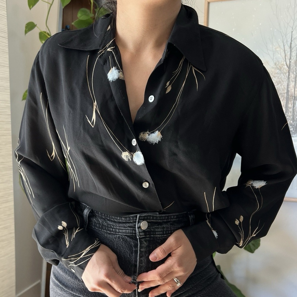 Vintage Silk Blouse Black Botanical Dandelion Print Button Front Oversized Top 6